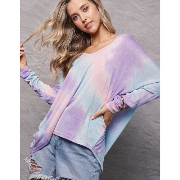 Lightweight Slub Knit Spring Top Tie Dye Dolman Top Pastel Tops - Picture 6 of 9